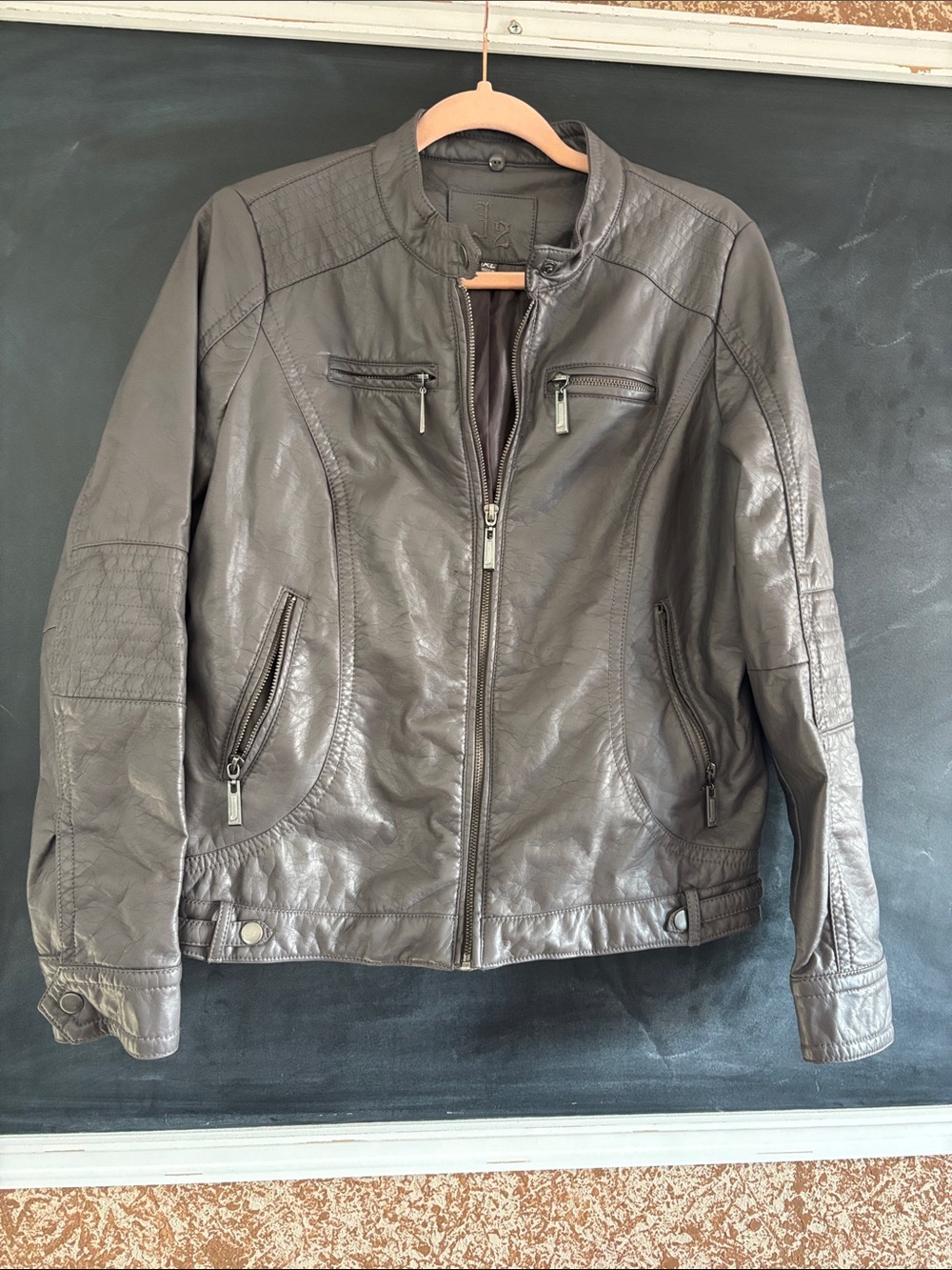 Women's Gray Faux Leather Zip Moto Jacket